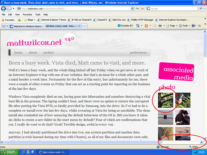 Screenshot of Internet Explorer 8 showing a blog entry from my website
