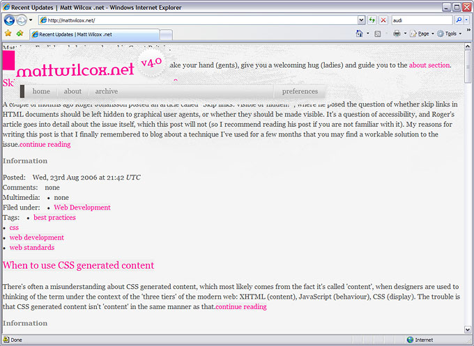 A screenshot of my website as seen in IE7