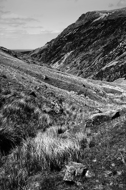 an image of Snowdonia in black and white