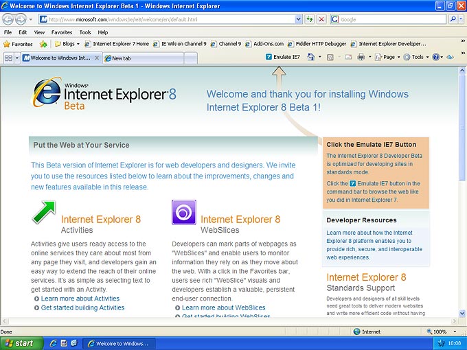 Screenshot of Internet Explorer 8 homepage